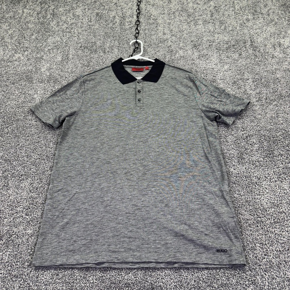 Hugo Boss Polo Shirt Mens XL Gray Solid Regular Fit Contrast Collar Logo Casual